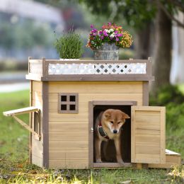 39.4' Wooden Dog House Puppy Shelter Kennel Outdoor & Indoor Dog crate, with Flower Stand, Plant Stand, With Wood Feeder