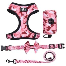 4Pcs Set Reflective No Pull Dog & Cat Harness Collar Leash With Dog Poop Bag For Small Medium Dog (Color: pink, size: S)