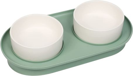 Elevated Cat Bowls, Raised Cats Ceramic Food and Water Stand Bowl Dishes for Cats Small Dogs or Puppy, 15Â° Tilted Anti Vomiting Stress Free Feeder De (Color: Green)