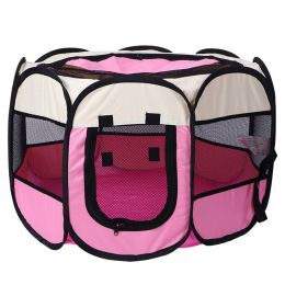 Folding Dog House Octagonal Cage Pet Cage Portable Pet Tent Large Dogs House (Color: pink, size: L 114x114x58 cm)