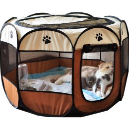 Folding Dog House Octagonal Cage Pet Cage Portable Pet Tent Large Dogs House (Color: Brown, size: L 114x114x58 cm)