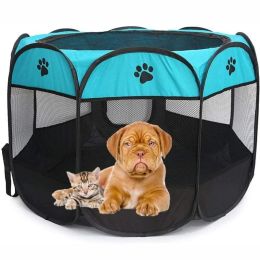 Folding Dog House Octagonal Cage Pet Cage Portable Pet Tent Large Dogs House (Color: Blue, size: L 114x114x58 cm)