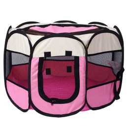 Folding Dog House Octagonal Cage Pet Cage Portable Pet Tent Large Dogs House (Color: pink, size: M 91x91x58 cm)