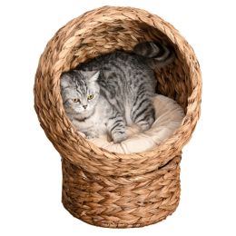 Simple Yet Practical Natural Braided Banana Leaf Elevated Cat Bed Basket With Cushion (Color: Brown, size: 23.5" H)